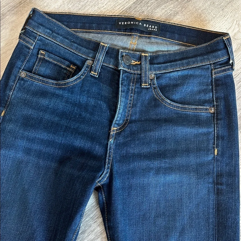 Veronica Beard Brooke 8.5” Low Rise Skinny Jean Dark Wash Gold Stitch Denim | 26